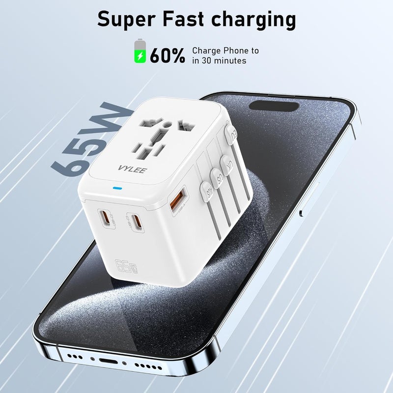 VYLEE Travel Plug Adapter, 65W Fast GaN Travel Charger, International Plug Adapter with 3 USB-C PD and 1 USB-A QC with US/EU/UK/AU Convenient for iPhone,Samsung,Laptops - Image 2